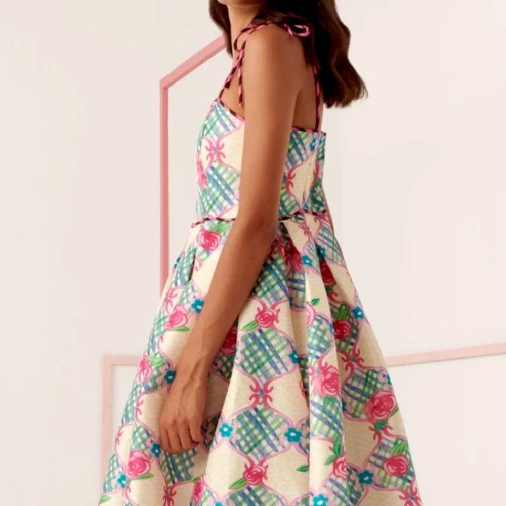 Celia B Palau Dress Multi Flower Pink Shoulder Tie NWT Cocktail Party Midi